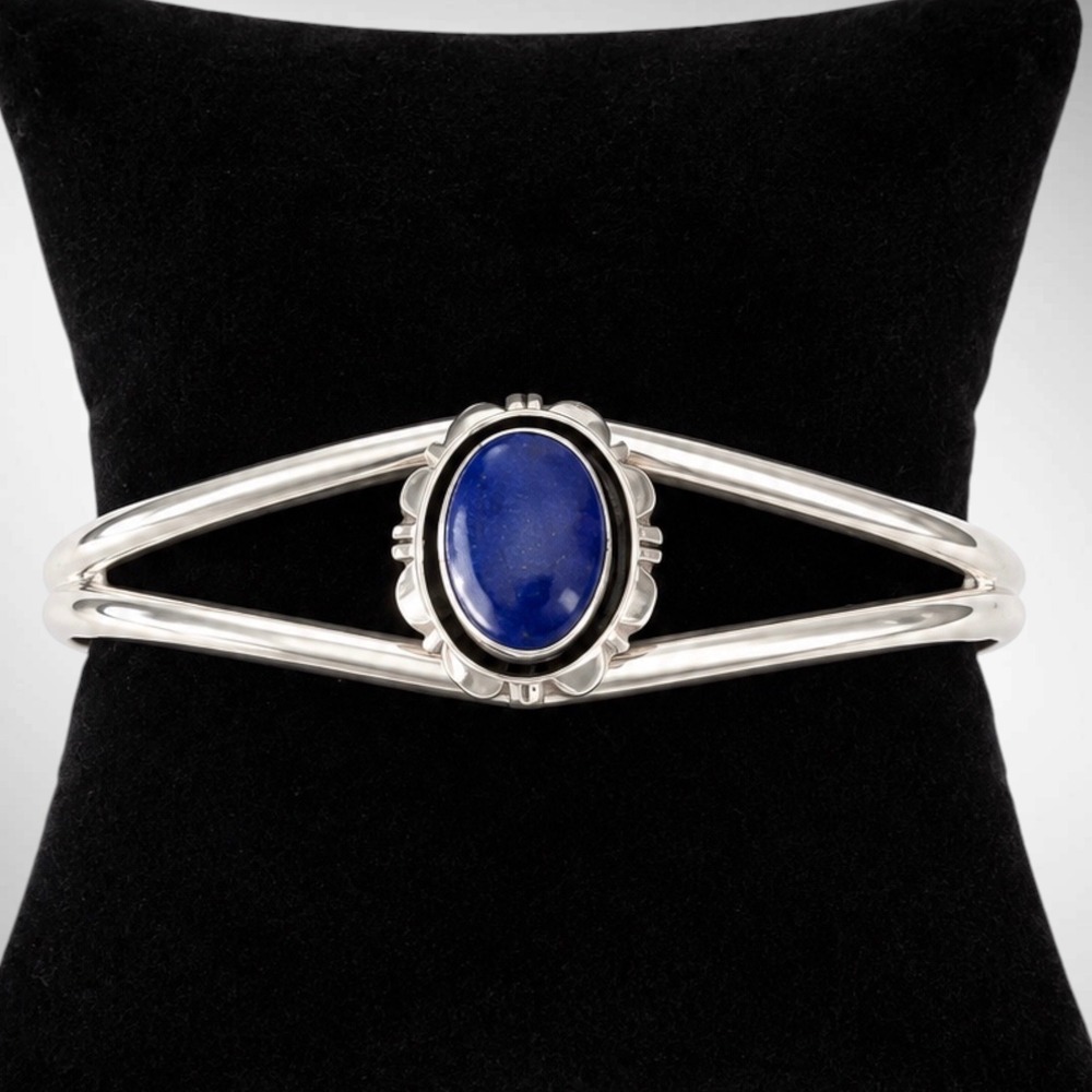 Carol Felley 1987 Sterling Silver Lapis Lazuli Split Cuff Bracelet Vintage